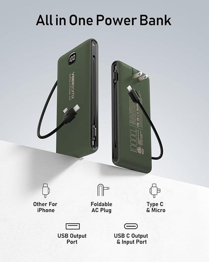 VEEKTOMX Portable Charger with Built in Cables 10000mAh, Power Bank for iPhone with Wall Plug, Travel Essential Fast Charging USB C Slim External Battery Pack for iPhone 17/16/15, Samsung, iPad, etc