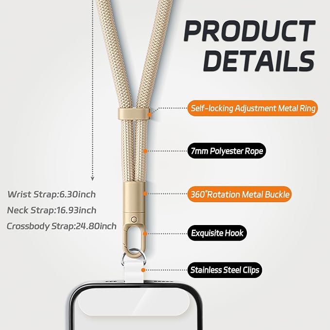 KITANIS 3 Pack Phone Lanyard,1×Phone crossbody strap,1×Phone Neck Strap,1×Wrist Strap,3×Tether Tabs,Universal Cell Phone Multifuctional Patch Polyester Lanyards(Light Camel)