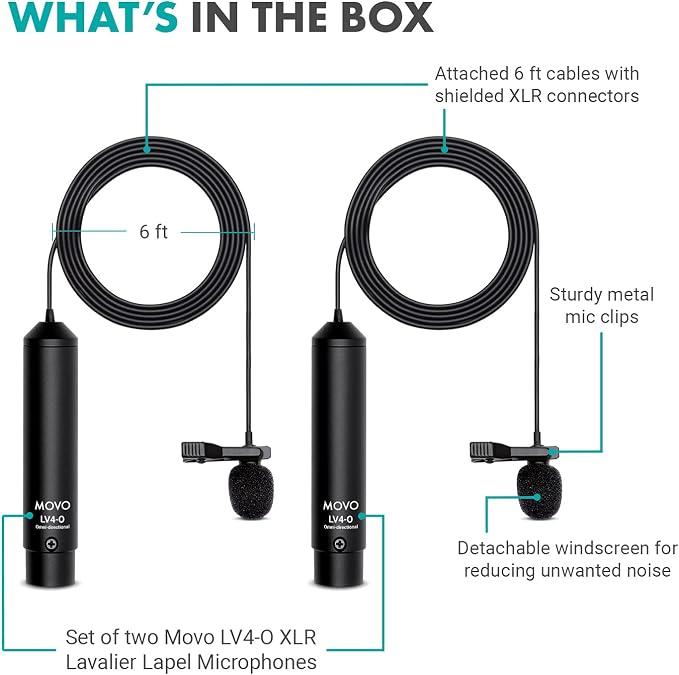 Movo LV4-O2 XLR Phantom Power Omnidirectional Lavalier Microphone Set, with Lapel Mic Clips and Windscreens - Perfect Lapel Microphone for Video Recording, Podcast, Interview, YouTube Production