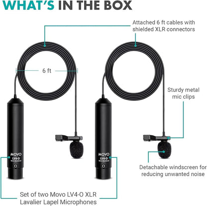 Movo LV4-O2 XLR Phantom Power Omnidirectional Lavalier Microphone Set, with Lapel Mic Clips and Windscreens - Perfect Lapel Microphone for Video Recording, Podcast, Interview, YouTube Production