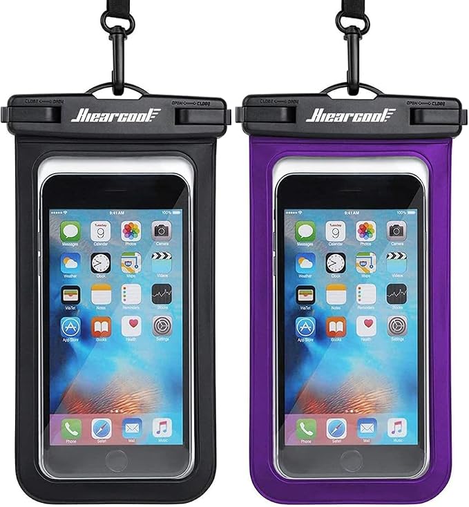 Hiearcool Universal Waterproof Phone Pouch Compatible for iPhone 16 15 14 13 Pro Max Plus Up to 8.3", IPX8 Beach Travel Essentials-Black&Purple-2Pack