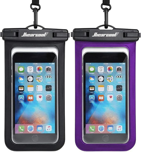 Hiearcool Universal Waterproof Phone Pouch Compatible for iPhone 16 15 14 13 Pro Max Plus Up to 8.3", IPX8 Beach Travel Essentials-Black&Purple-2Pack