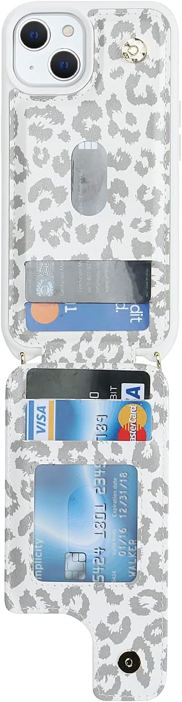 Lipvina for iPhone 13 Case with Card Holder for Women,Phone Case with Strap,Crossbody Lanyard,RFID Blocking,Ring Stand,Snap Clasp,Cute Wallet Cases for iPhone 13 6.1 inch(White Leopard)