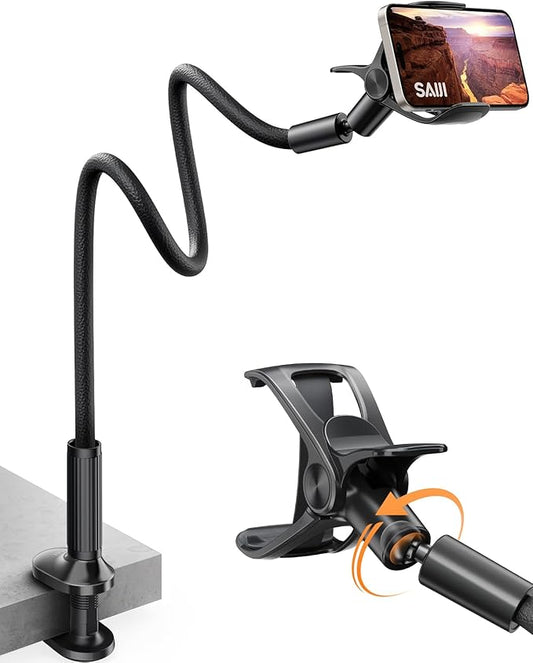 SAIJI Gooseneck Phone Holder for Bed Overall Length 38.6” Flexible Leather Wrapped Arm Overhead Cell Phone Mount Stand with 360° Adjustable Clamp Clip, Compatible with All 4-7” Cellphones (Black)
