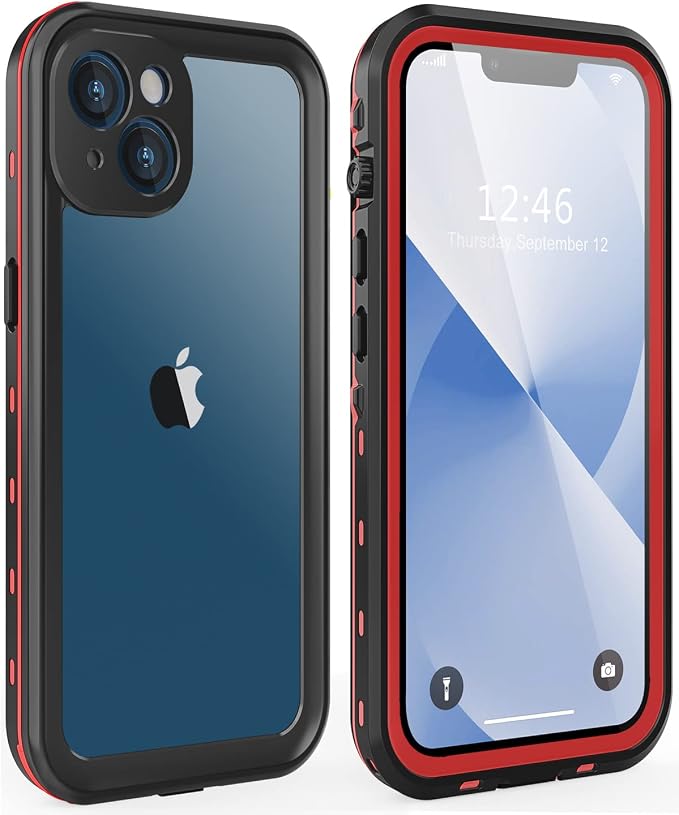 for iPhone 13 Case Waterproof Shockproof Dustproof Full-Body Sturdy with Camera Lens Protector and Built-in Screen Protector,Underwater Full Sealed Cover Protective for iPhone 13 (Red)