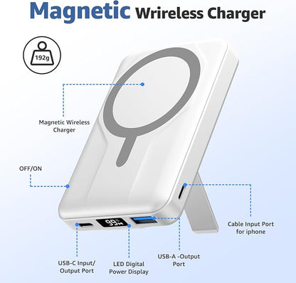 Azmuth Magnetic Power Bank,10000mAh for MagSafe Battery Pack, 22.5W PD Fast Charging,LED Display & Foldable Stand Wireless Portable Charger for iPhone 17/16/15/14/13/12/Pro/Pro Max/Plus,Pearl White