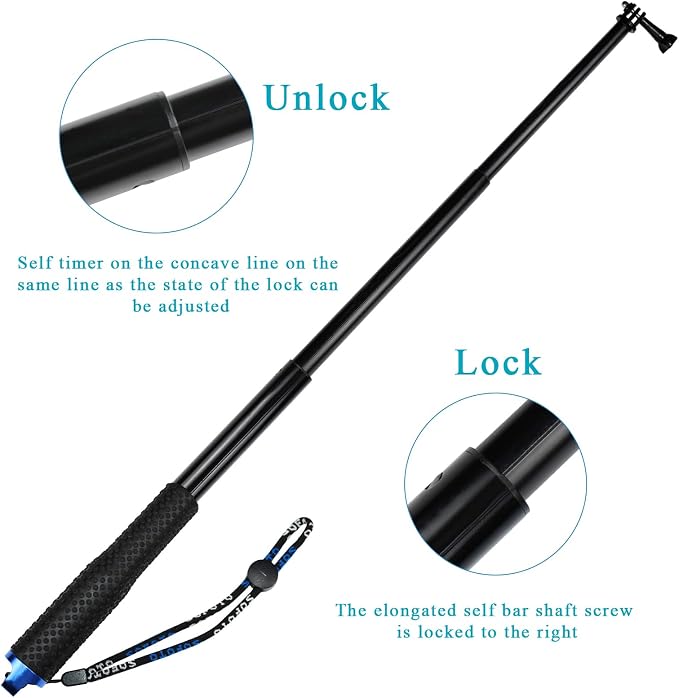 11.25-37 inch Selfie Stick Extendable Monopod Pole Waterproof Aluminum Telescopic Handle Grip Compatible with AKASO EK7000,Brave 4,V50,Gopro Hero 13 12 11 10 9 8,DJI Osmo,ODDV Action Camera