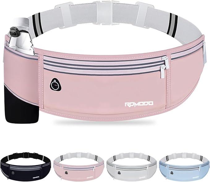 Hydration Running Belt for Women Men，Fanny Pack with Water Bottle Holder，Large Capacity Running Phone Holder for iPhone 17 16 Pro Max Samsung，Slim Reflective Waist Belt for Hiking Outdoor（Pink）
