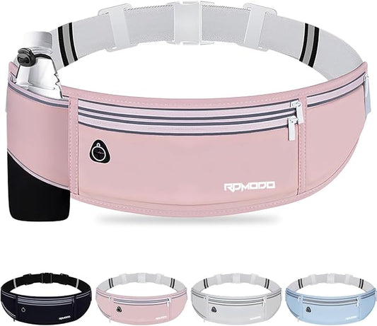 Hydration Running Belt for Women Men，Fanny Pack with Water Bottle Holder，Large Capacity Running Phone Holder for iPhone 17 16 Pro Max Samsung，Slim Reflective Waist Belt for Hiking Outdoor（Pink）
