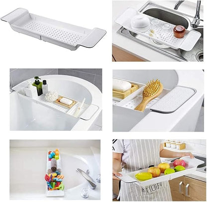 Bathtub Caddy Tray, Expandable Bath Shelf, Adjustable Size from 21.9 to 31 inches Plastic Bathtub Storage Rack, Bathtub Accessories & Bathroom Gadgets, Bath Tub Tray for Kitchen Bathroom (White)