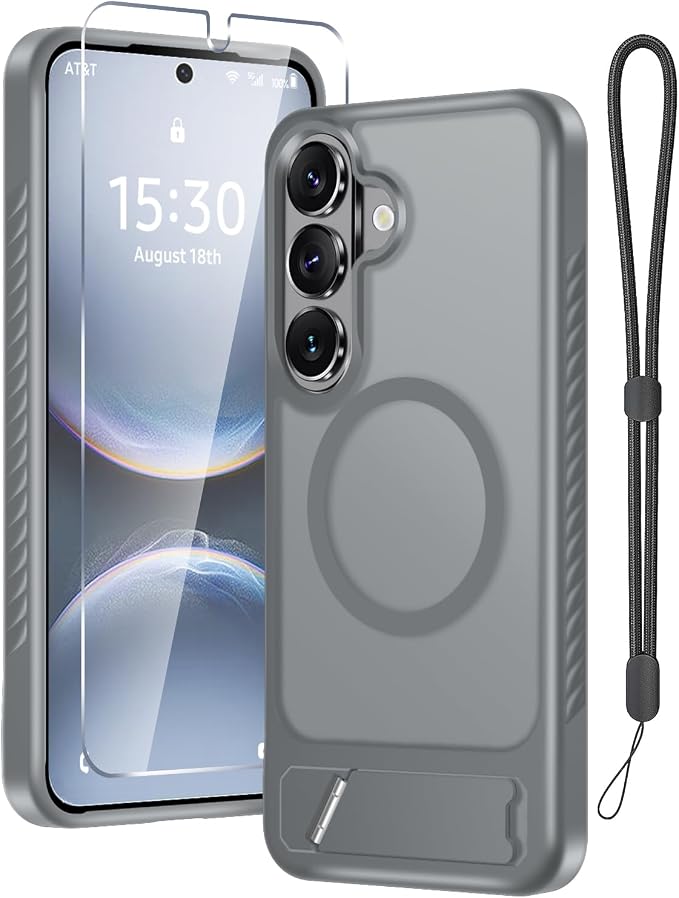 RMOCR for Samsung Galaxy S26 Case with Screen Protector+Lanyard Wrist Strap,Magnetic Translucent Matte Rugged Slim Phone Cover Built in Invisible Kickstand [Fit for MagSafe],2026 Grey