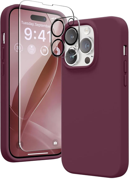 GONEZ for iPhone 14 Pro Case, Compatible with Magsafe, with Screen Protector + Camera Lens Protector, Soft Anti-Scratch Microfiber Lining, Shockproof Liquid Silicone Phone Cover, Wine Red