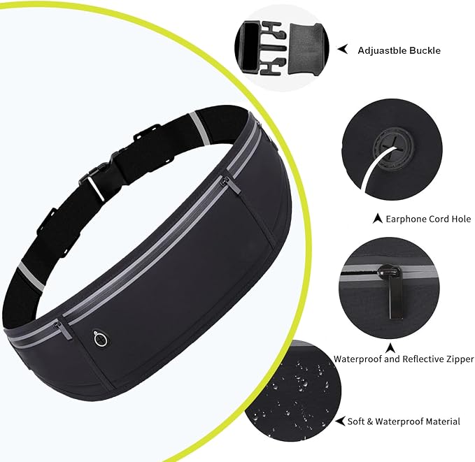 Slim Running Belt Fanny Pack for Men Women, Adjustable Running Phone Holder with 3 Pockets, Reflective Fitness Fanny Pack for Phones up to 7.2 inch, Water Resistant Sports Waist Bag, Black