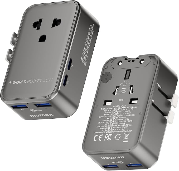 MOMAX 1-World Pocket Universal Travel Adapter – Ultra-Thin, Stylish & Mini GaN Charger, 25W Fast Charging, 5 Ports: 2 USB-C + 2 USB-A + AC, Foldable Plug, Worldwide Voltage, Misty Gray (1-Pack)