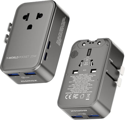 MOMAX 1-World Pocket Universal Travel Adapter – Ultra-Thin, Stylish & Mini GaN Charger, 25W Fast Charging, 5 Ports: 2 USB-C + 2 USB-A + AC, Foldable Plug, Worldwide Voltage, Misty Gray (1-Pack)