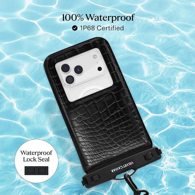 VELVET CAVIAR Waterproof Phone Pouch with Lanyard | IP68 Floating Case for iPhone & All Phones | Dry Bag for Snorkeling, Beach, Kayaking | Travel & Cruise Essentials for Women (Black Croc)
