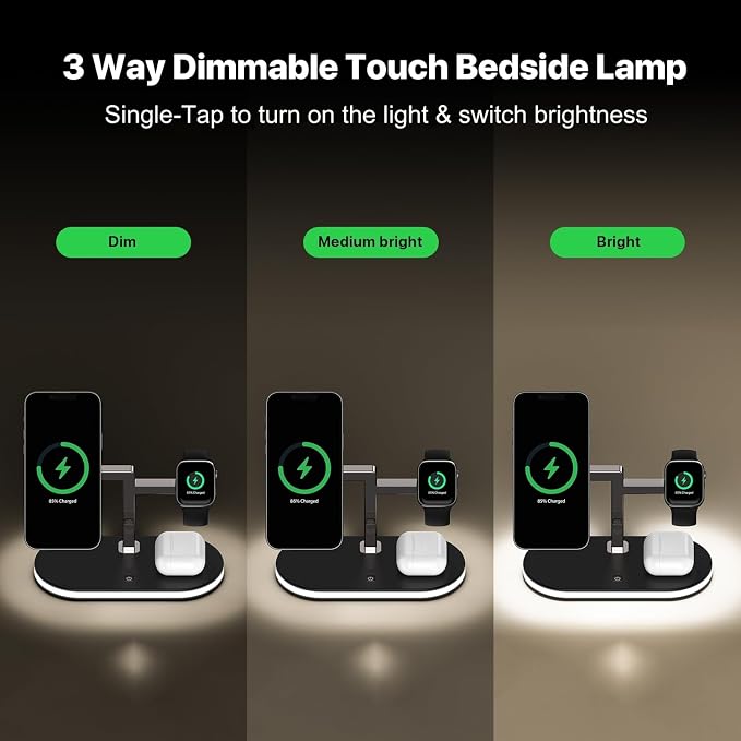 VBA 4 in 1 Wireless Charging Station for Apple MagSafe Charger,Fast Charging Magnetic Wireless Charger Stand with Night Light for iPhone 17 Air 16 15 14 13 12 Series,Apple Watch,AirPods Pro (Black)