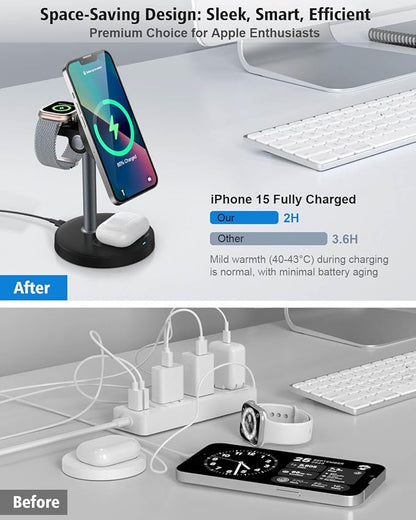 3 in 1 Magnetic Wireless Charging Station, 15W Fast Charger Stand for iPhone, Phone Charger Stand for Desk Nightstand, for iPhone 17/16/15/14/13/12, Apple Watch & AirPods, 18W Adapter Included -Black