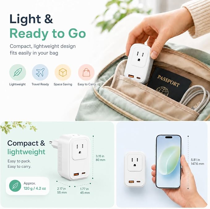 Voltage Converter for European Travel: 220V to 110V Converter US to Europe, Plug Adapter with Fast Charge 2 USB C, 2 USB A & 2 Outlets, Universal Travel Essentials for France Germany Italy Spain, etc