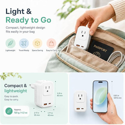Voltage Converter for European Travel: 220V to 110V Converter US to Europe, Plug Adapter with Fast Charge 2 USB C, 2 USB A & 2 Outlets, Universal Travel Essentials for France Germany Italy Spain, etc