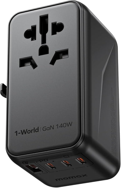 MOMAX 5-in-1 Universal Travel Adapter, GaN 140W International Power Adapter, 3 USB-C PD Fast Charging & 1 USB-A QC, 1 AC, All-in-one International Plug Adapter for Travel European UK AUS JP