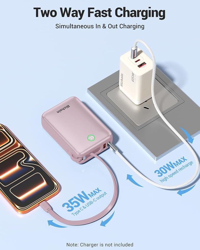 Hichain Portable Charger 35W 20000mAh Power Bank with Dual in Cables Pink | Fast Charging Battery Pack Compact Battery Bank with Digital Display for iPhone Android Portable Phone Charger