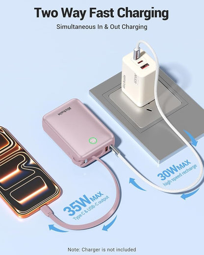 Hichain Portable Charger 35W 20000mAh Power Bank with Dual in Cables Pink | Fast Charging Battery Pack Compact Battery Bank with Digital Display for iPhone Android Portable Phone Charger
