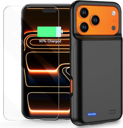 Battery Case for iPhone 17 Pro Max (6.9 inch), 7000mAh Ultra-Slim Protective Extended Charging Charger Case, 15W Fast Charging Rechargeable Battery Pack with Tempered Glass Screen Protector- Black
