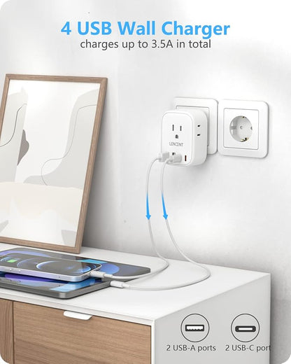 LENCENT Germany France Travel Power Adapter, Schuko Type E F Power Plug | Adaptor with USB Ports(2 Type C), 4 Outlet Converter, US to EU Spain France German Greece Norway Iceland South Korea Portugal
