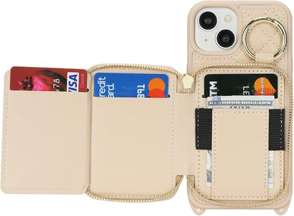 Crossbody Wallet Case for iPhone 14, PU Leather Zipper Handbag Purse Flip Cover, Kickstand Folio Case with Card Slots Holder Wrist Strap Lanyard 5G 6.1 Inch-White