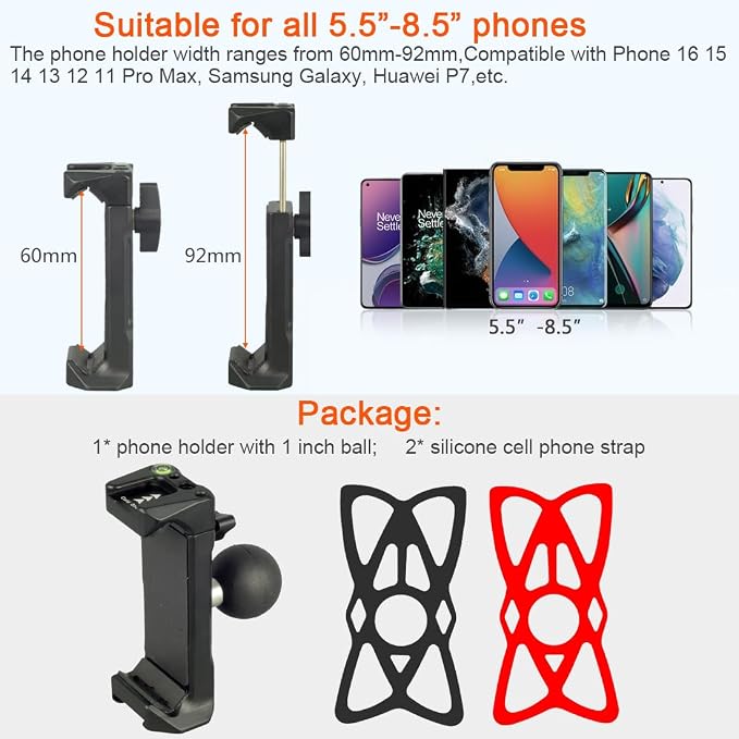 Aluminum 1"(25mm) Ball Mount Phone Holder Compatible with RAM mounts B size1 Inch Ball Double Socket Arm, Dual Protection Motorcycle Bike Handlebar Car Phone Holder with 1 Inch Ball