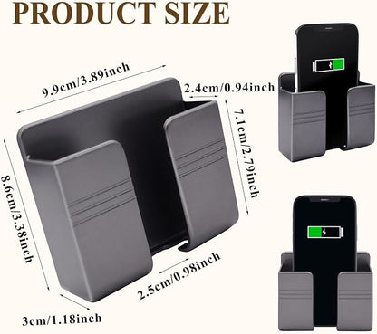 2 Pcs Wall Mount Phone Holder with 3M Adhesive Phone Stand with Data Cable Receiving Hole, Charger Remote Control Storage Box for Bedroom, Kitchen, Bathroom, Office (Gray)