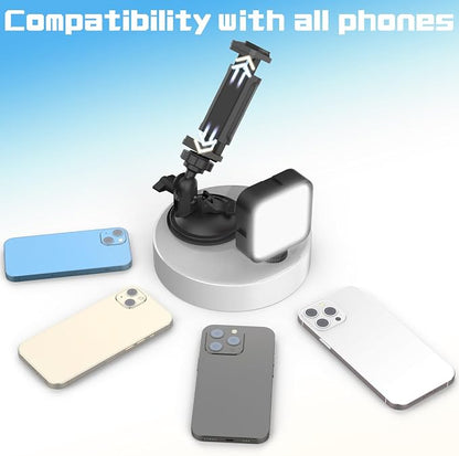 Suction Cup Phone Mount with Rechargeable Light, Mirror Phone Holder with Light Shower Bathroom Kitchen, Mirror Tripod for TikTok YouTube Instagram Make Up Pics Video Content Creator