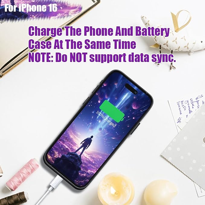 Battery Case for iPhone 16, 5000mAh Rechargeable Extended Battery Charging/Charger Case, Add 100% Extra Juice (6.1 Inches) Black