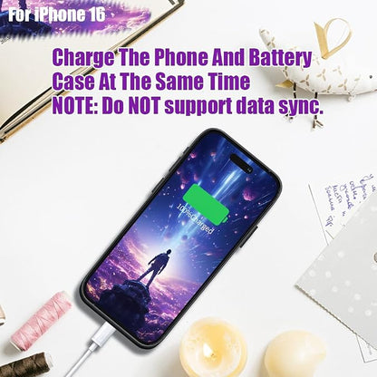 Battery Case for iPhone 16, 5000mAh Rechargeable Extended Battery Charging/Charger Case, Add 100% Extra Juice (6.1 Inches) Black