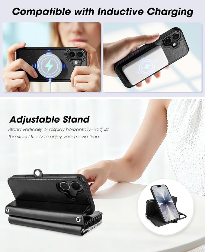 OCASE for iPhone 17 Crossbody Detachable Wallet Case, PU Leather Handbag Phone Purse with Zipper Closure, Card Slots & RFID Blocking, Wrist Strap, Lanyard, Kickstand, Black
