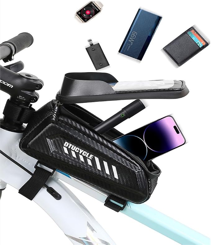Bike Phone Holder Bag, Waterproof Top Tube Bag with TPU Touch-Screen & Sun Visor, Fits Phones Up to 6.5", Cycling Frame Bag for Bicycle Accessories (1.5L, Black)