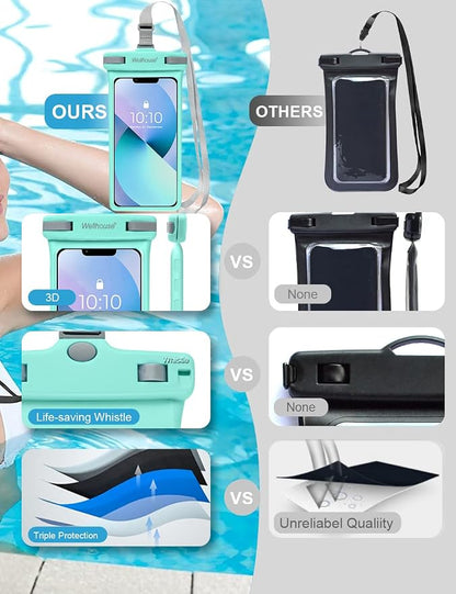 wellhouse Waterproof Phone Pouch, Waterproof Phone Case for iPhone 17 16 15 14 13 Pro Max XS Samsung, IPX8 3D Cellphone Dry Bag Beach Essentials (1 Pack - Crystal Green7.0, 7 inch)