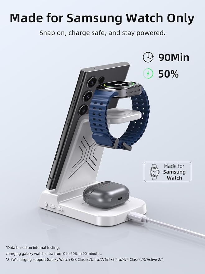 Wireless Charger Samsung Charging Station: 3 in 1 Android Charging Stand with Dimmable Clock - Nightstand Organizer for Galaxy S25 Ultra S24, Galaxy Watch 8 7 6 5 4, Galaxy Buds, Space-Saving Charger