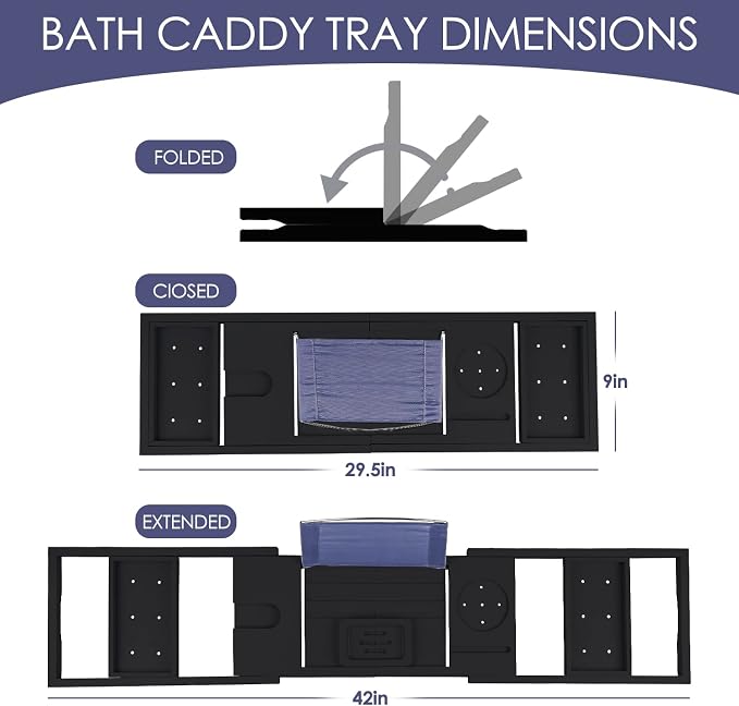 Foldable Bathtub Caddy Tray, Bamboo Bath Tub Tray Table for Tub with Wine Glass Holder Book Phone Tablet Holder with Extending Sides, Adjustable Bathroom Bathtub Free Soap Holder Gift Idea (Black)