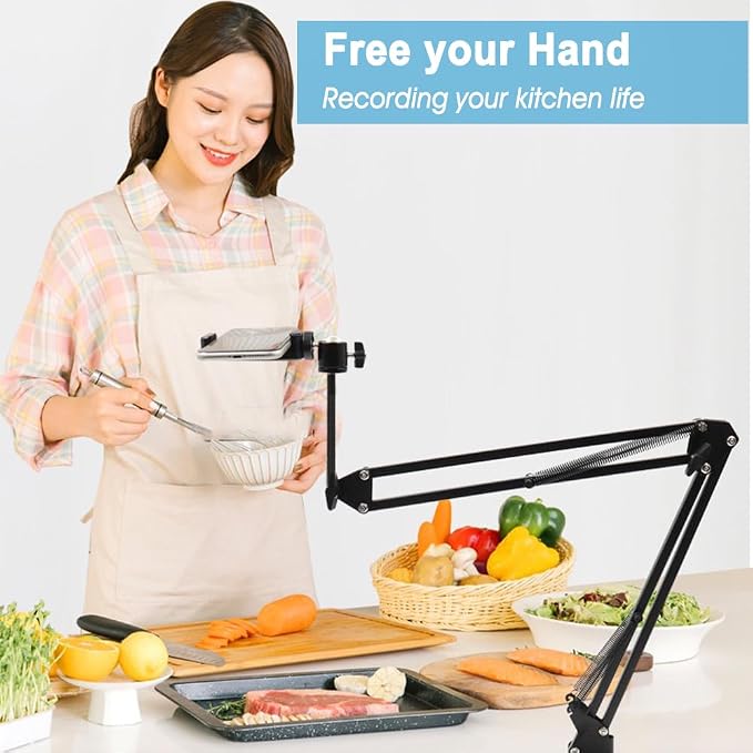Overhead Tripod Mount for Camera Webcam Ring Light, Long Over Head Articulating Arm with Phone Holder and Ball Head, Desktop Lazy Arm Clamp Phone Stand Accessory for Live Streaming,Video Recording