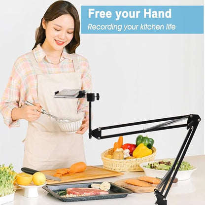 Overhead Tripod Mount for Camera Webcam Ring Light, Long Over Head Articulating Arm with Phone Holder and Ball Head, Desktop Lazy Arm Clamp Phone Stand Accessory for Live Streaming,Video Recording