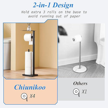 Freestanding Toilet Paper Holder Stand – Stainless Steel Bathroom Tissue Holder with Storage Tray & Roll Organizer, Square Design (Matte Black)