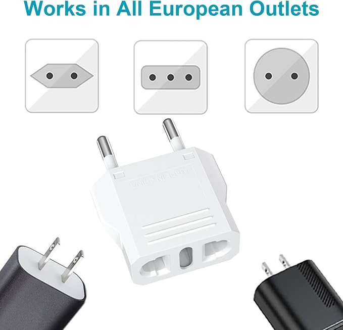 US to European Plug Adapter 4-Pack, Power Converter & Compact Universal Travel Converter for EU/FR/IT/BR/CN, Safe Travel Essentials (White)