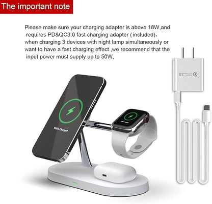 5 in 1 Magnetic Wireless Charging Stand, 15W Fast Mag-Safe Charging Station ，with Neutral Light Design for iPhone 17/16/15/14/13/12 Series, iWatch 7/SE/6/5/4/3/2, Airpods 3/2/Pro (White)
