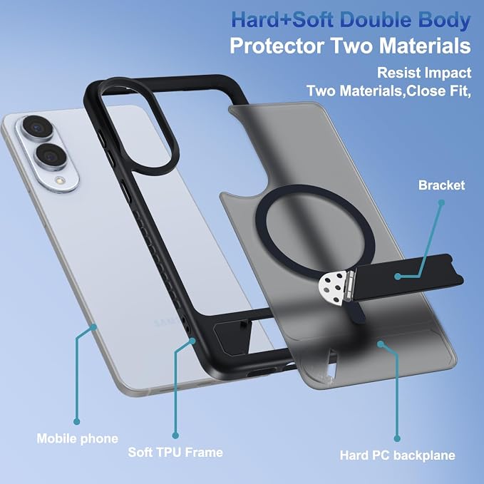 RMOCR for Samsung Galaxy S25 Edge Case with Screen Protector+Lanyard Wrist Strap,Magnetic Translucent Matte Rugged Slim Phone Cover Built in Invisible Kickstand [Fit for MagSafe],2025 Black