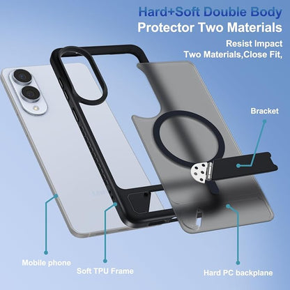 RMOCR for Samsung Galaxy S25 Edge Case with Screen Protector+Lanyard Wrist Strap,Magnetic Translucent Matte Rugged Slim Phone Cover Built in Invisible Kickstand [Fit for MagSafe],2025 Black