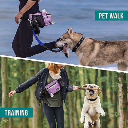 PetAmi Dog Fanny Pack, Treat Pouch for Dog Walking, Training, Built in Poop Bag Dispenser, Water Bottle Holder, Collapsible Bowl, Pet Treat Waist Belt for Hiking, Running, Kibbles (Purple)
