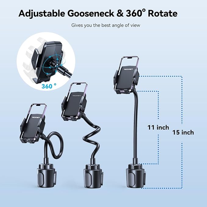 TECKNET Cup Phone Holder for Car - Adjustable Gooseneck Cup Holder Phone Holders with Air Vent Holders & Expandable Base, Cupholder Phones Mount for iPhone 17/16 Pro Max and All Cell Phones, Car Model