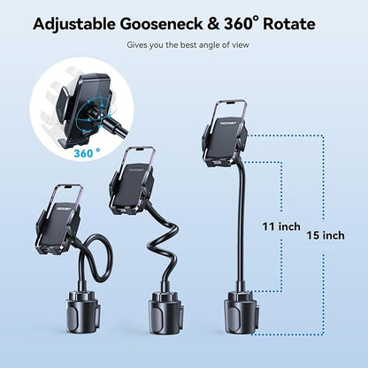 TECKNET Cup Phone Holder for Car - Adjustable Gooseneck Cup Holder Phone Holders with Air Vent Holders & Expandable Base, Cupholder Phones Mount for iPhone 17/16 Pro Max and All Cell Phones, Car Model
